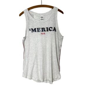 PINK Victoria's Secret Gray "Merica" Razorback Tank Top with red & blue stripes